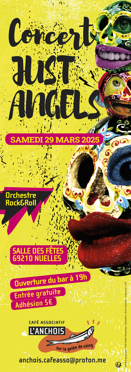Affiche concert Just Angels Fond dominante jaune masques sur la droite Typo noire